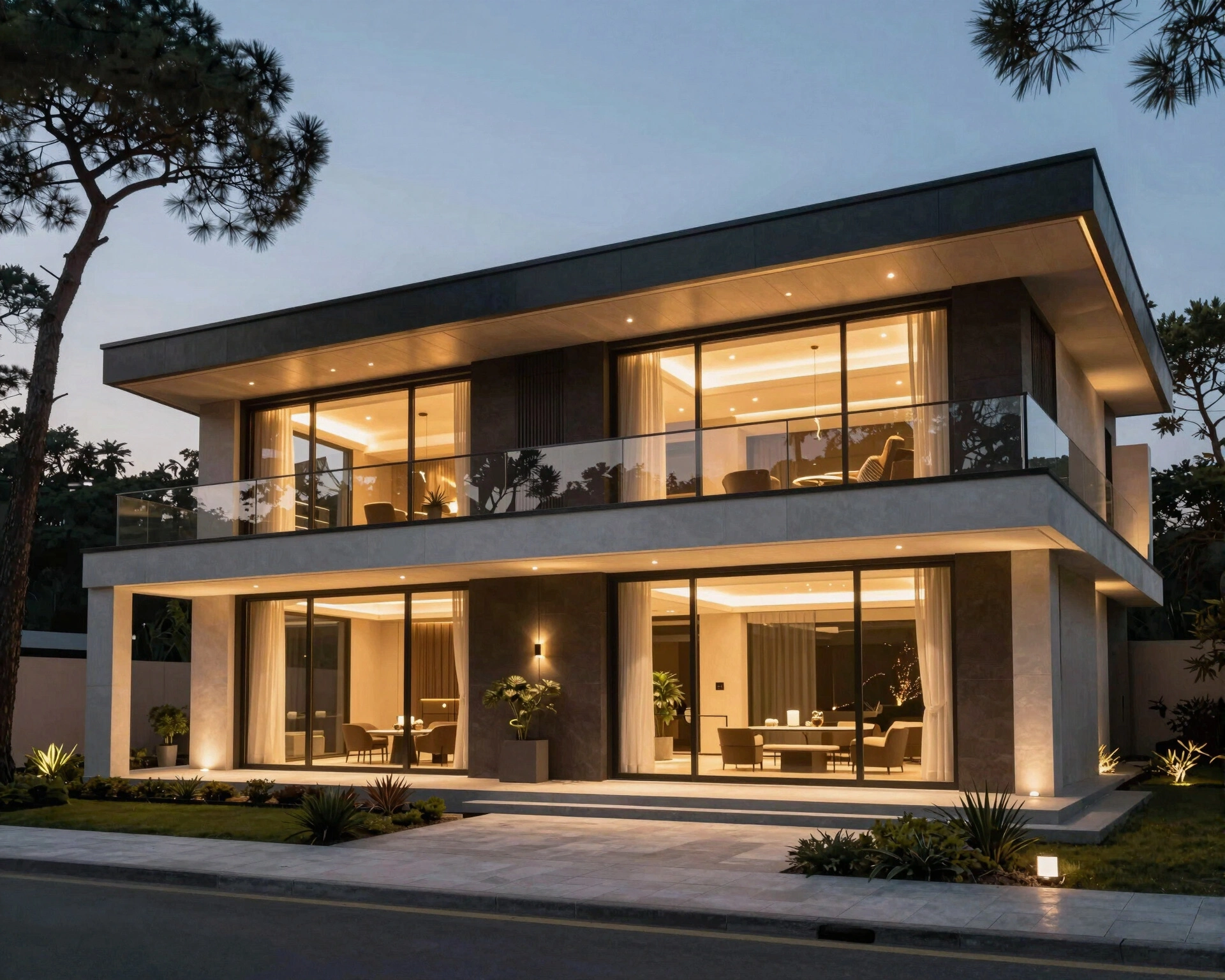 Modern architectural home lit up at dusk