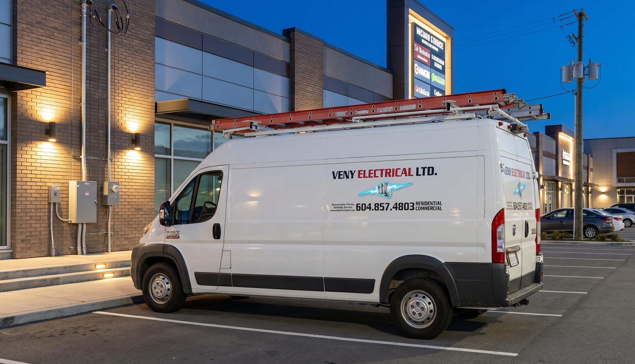 Venyelectrical Ltd. service van parked outside a commercial plaza